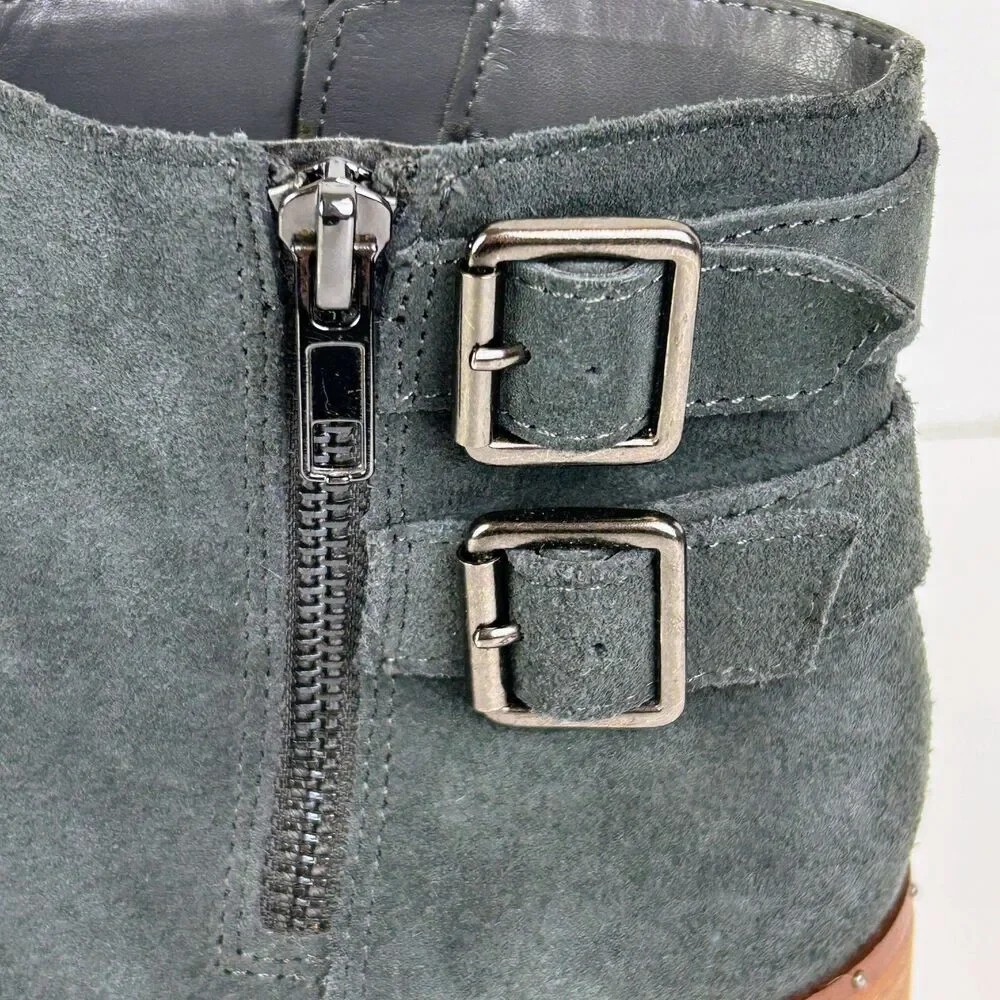 Bleecker & Bond Georgia Suede Ankle Bootie Grey Boots Studded Buckles Pointed 8